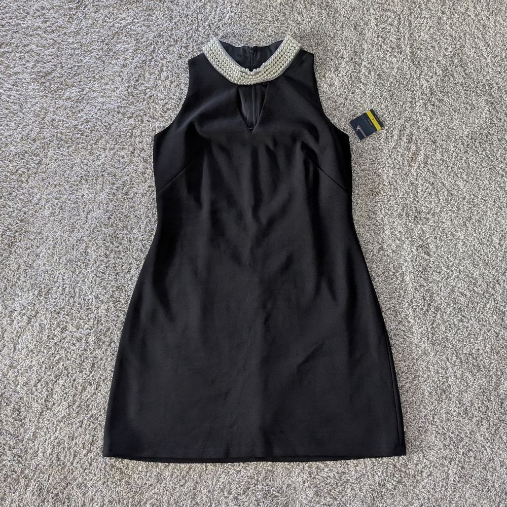 NWT Just Taylor Women's Black Dress Pearl Lined Neck